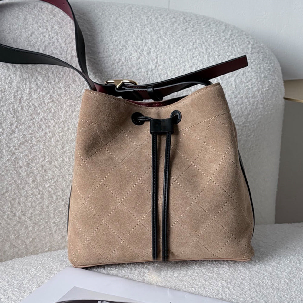 #149 new retro wide shoulder strap drawstring bucket bag