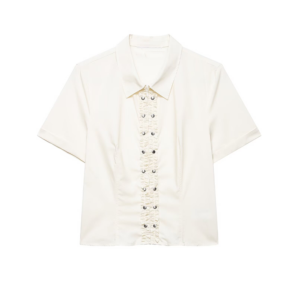 suit Women's 2 pieces Rivet Stacked Decorative Poplin Shirt+Skirts