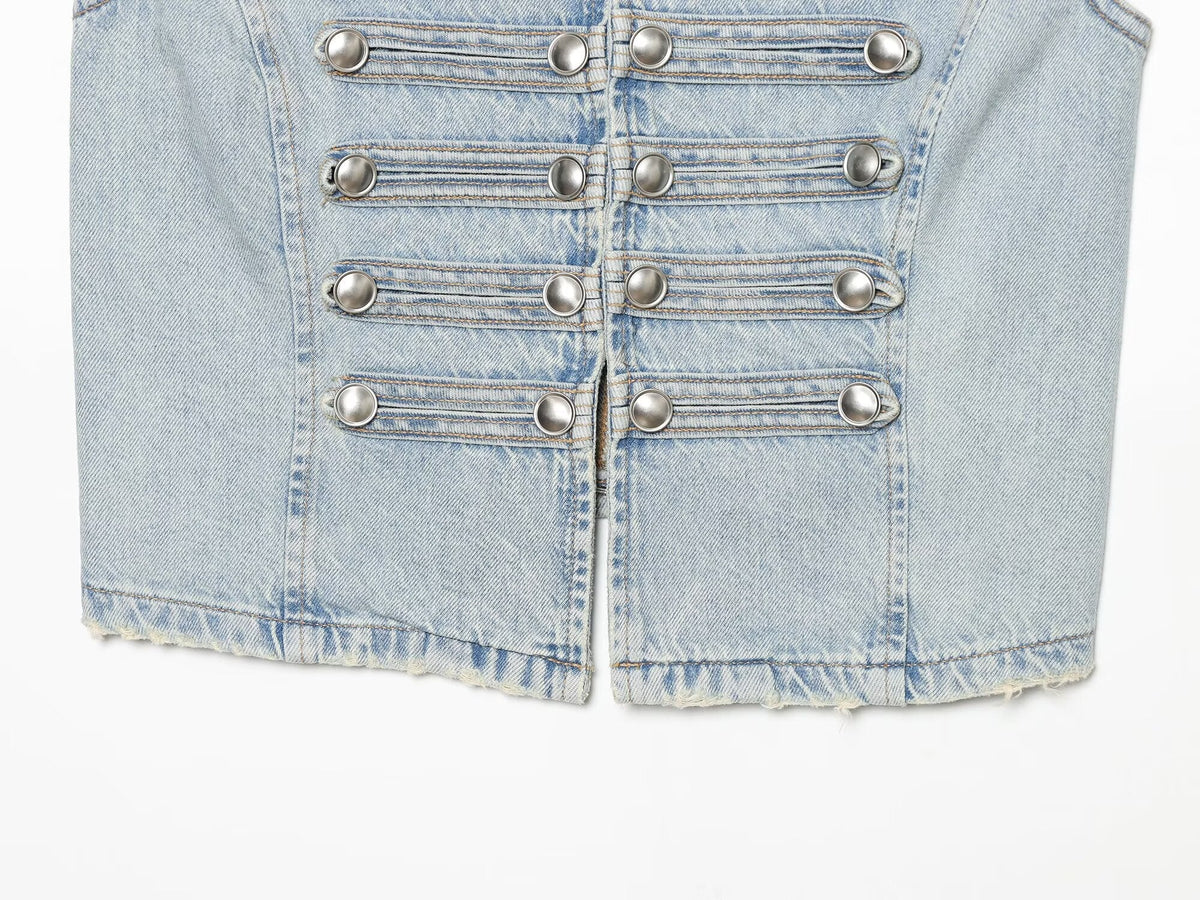 Women's button decoration sleeveless denim vest
