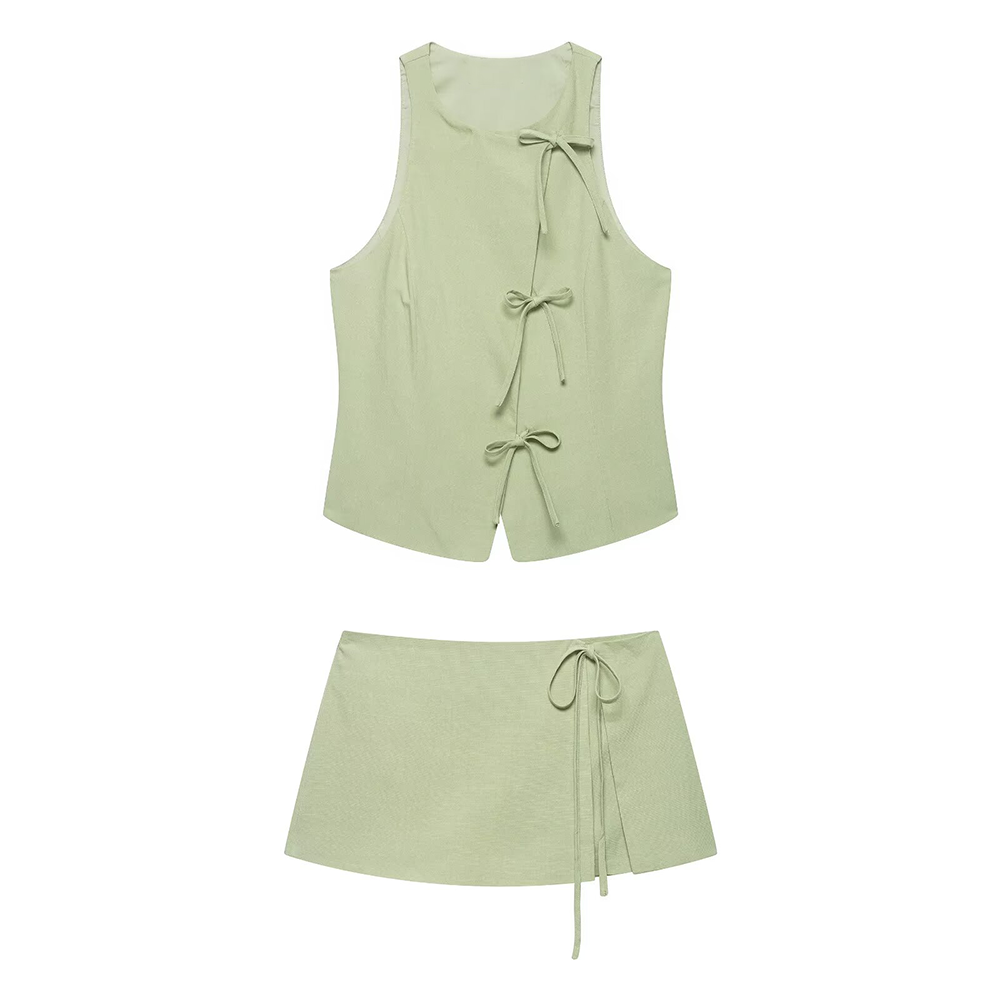 suit Women's 2 pieces bow decoration hanging neck top+culottes