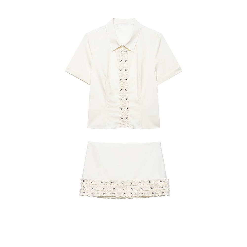 suit Women's 2 pieces Rivet Stacked Decorative Poplin Shirt+Skirts