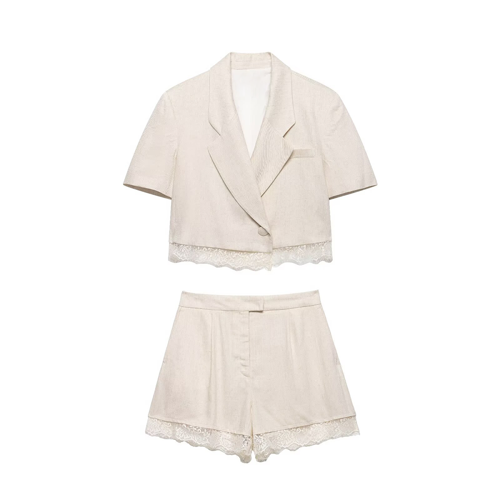 suit Women's 2 pieces lace hem short Blazer Coat+shorts